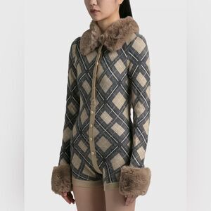 House of Sunny Beige and Gray Argyle Romper with Faux Fur Trim